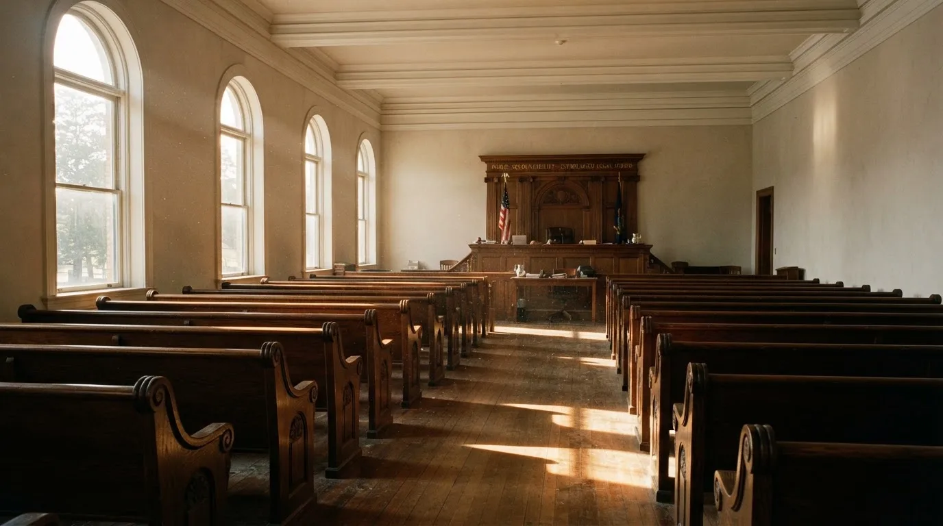An empty courtroom with wooden benches in morning light