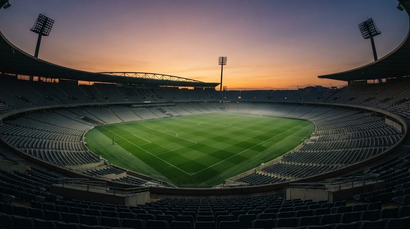 An empty football stadium with floodlight masts at dusk