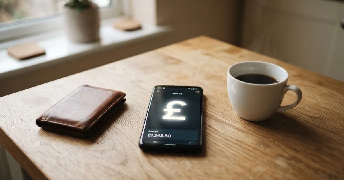 A smartphone on a wooden table beside a wallet and a coffee cup