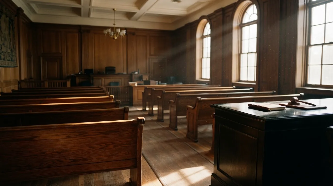 An empty courtroom with wooden benches in morning light