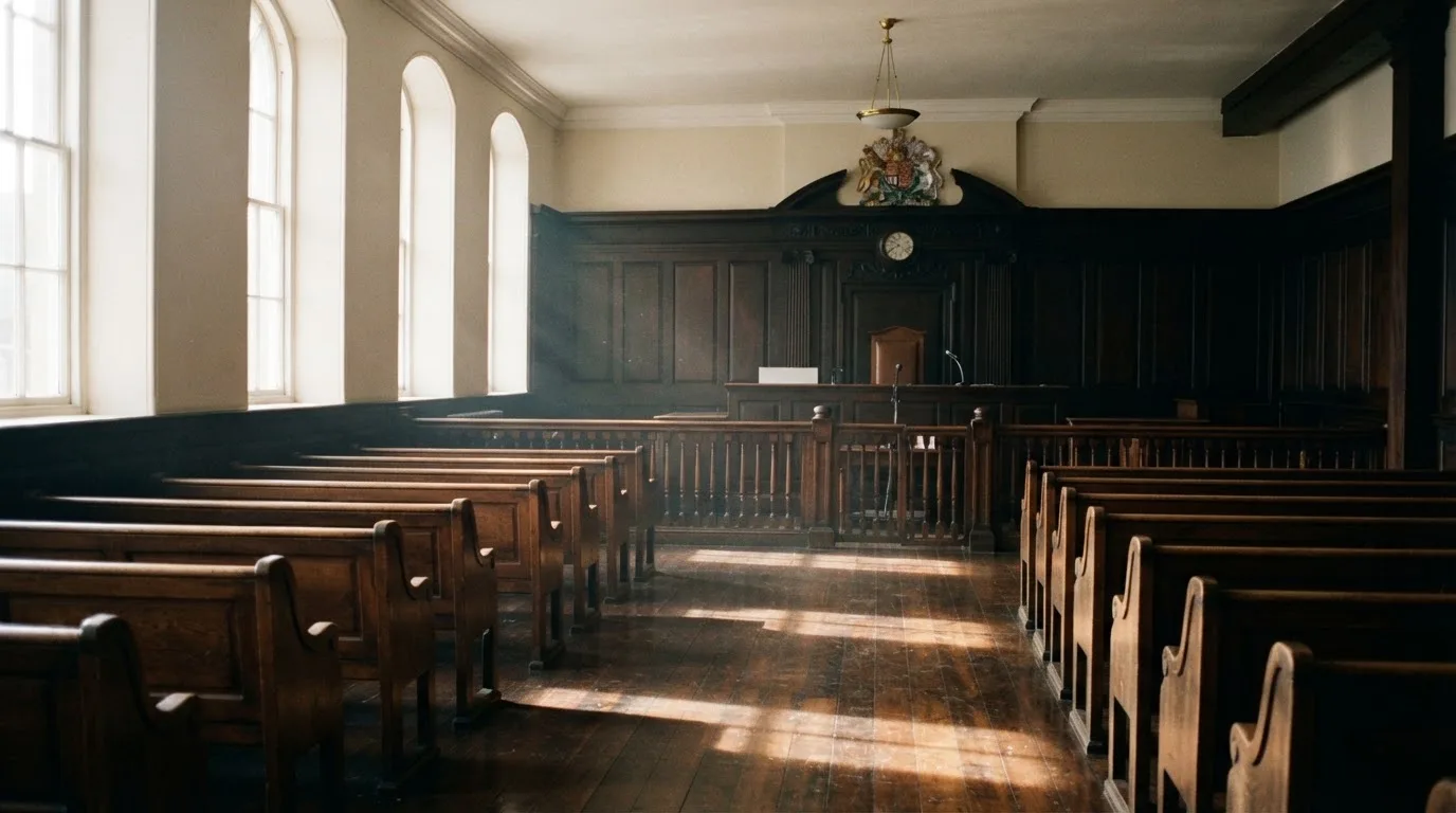 An empty courtroom with wooden benches in morning light