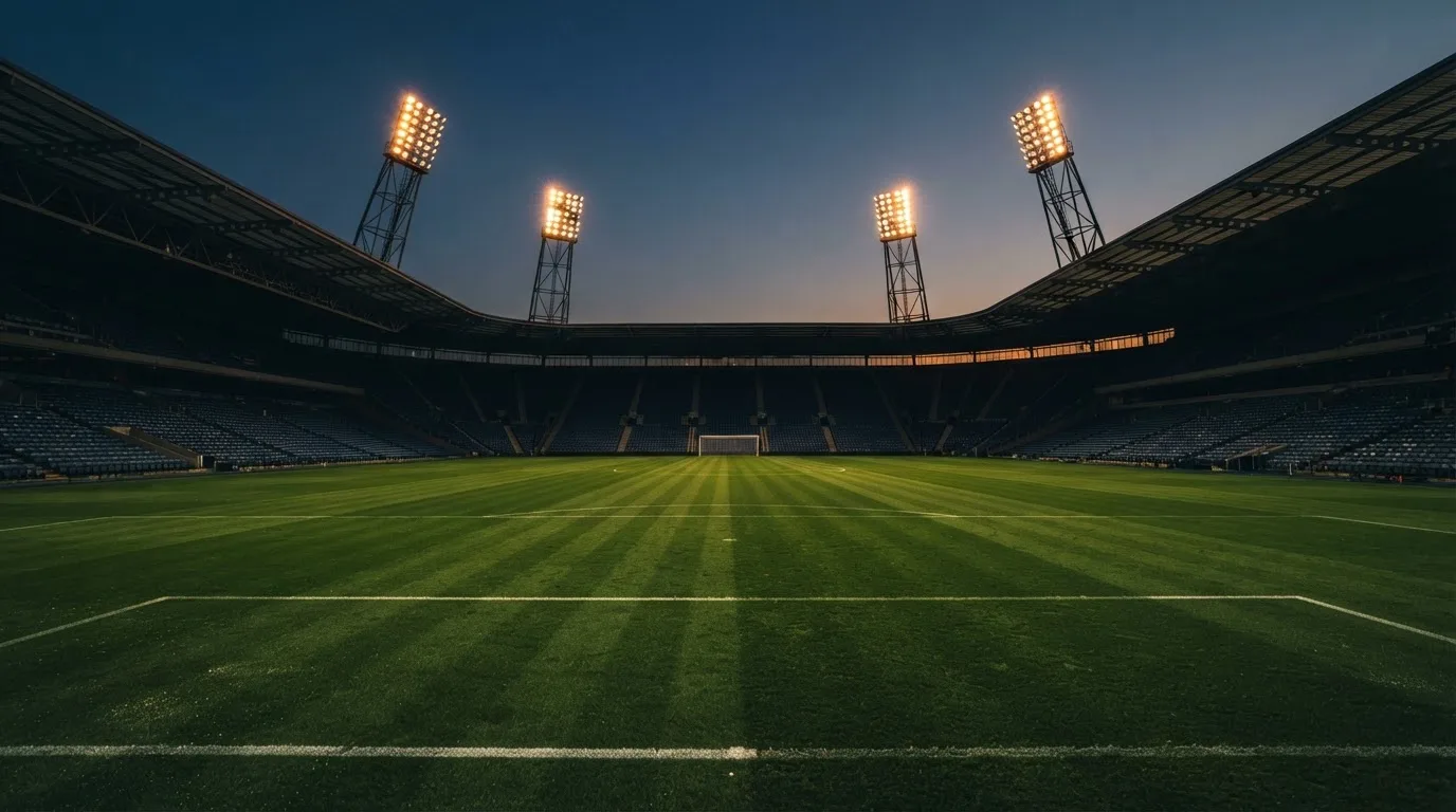 An empty football stadium with floodlight masts at dusk