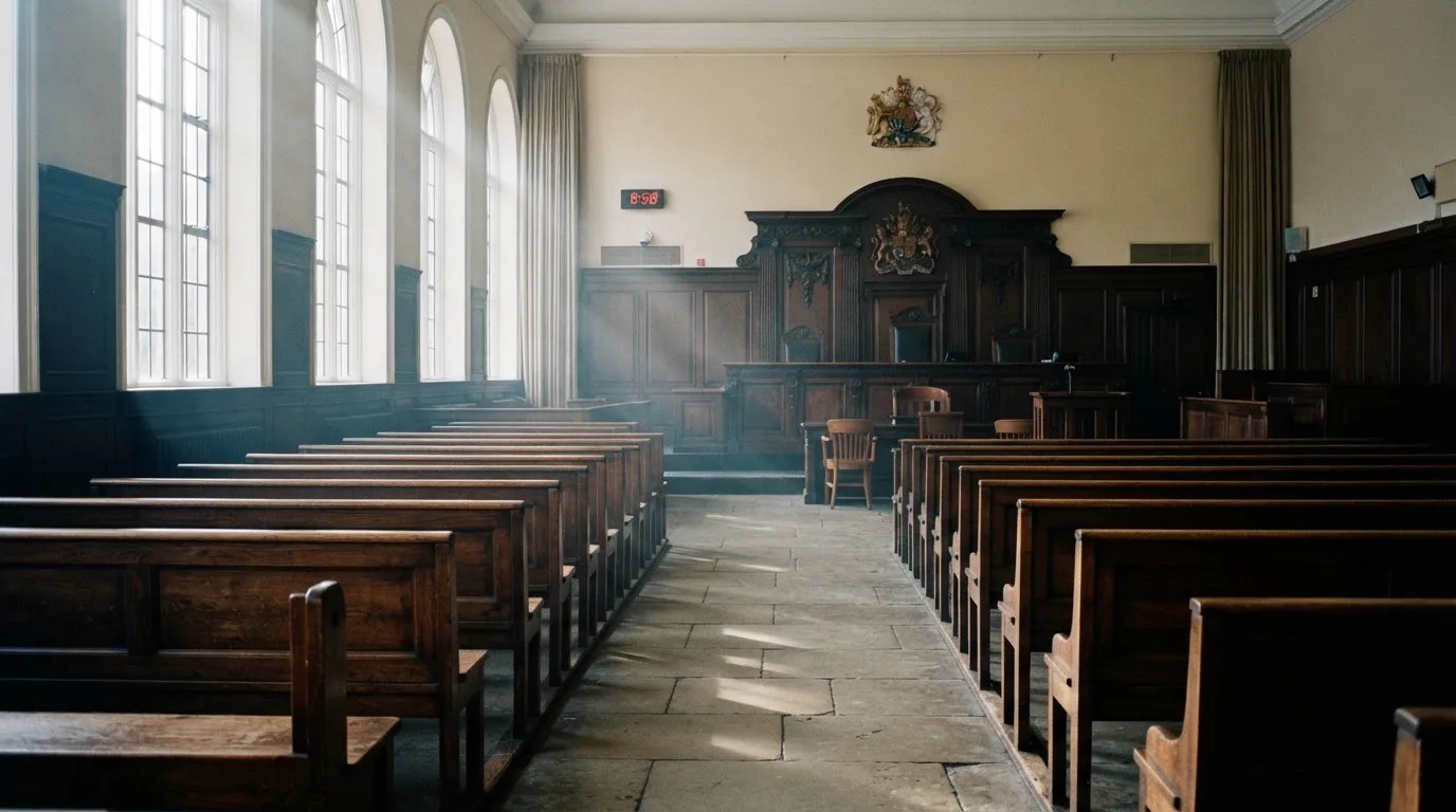 An empty courtroom with wooden benches in morning light