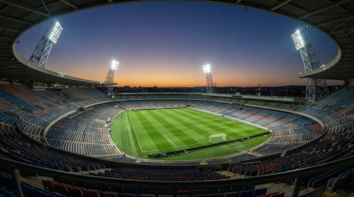 An empty football stadium with floodlight masts at dusk