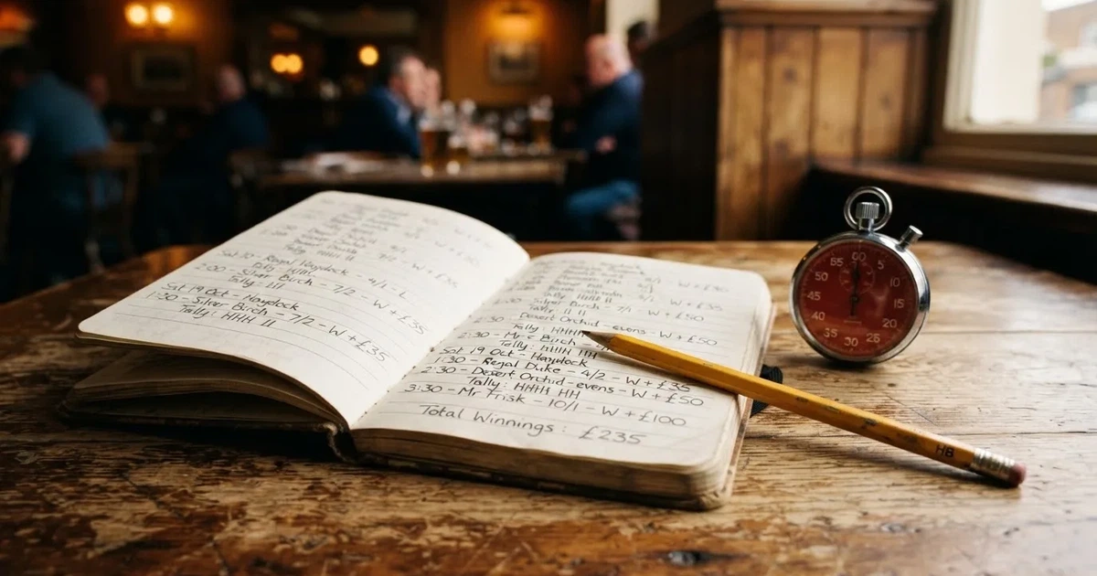 An open notebook with a pencil and a stopwatch on a wooden table
