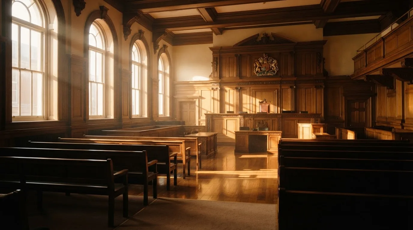 An empty courtroom with wooden benches in morning light
