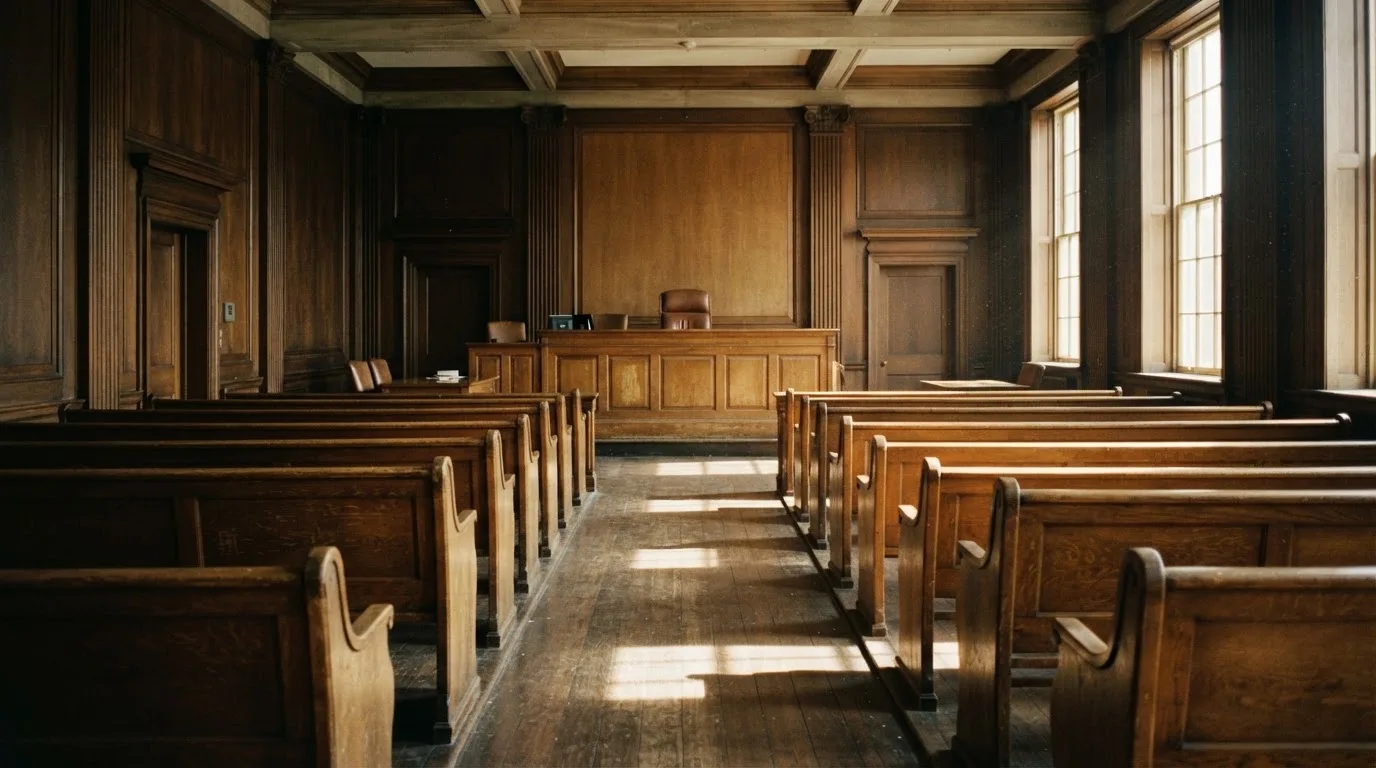 An empty courtroom with wooden benches in morning light