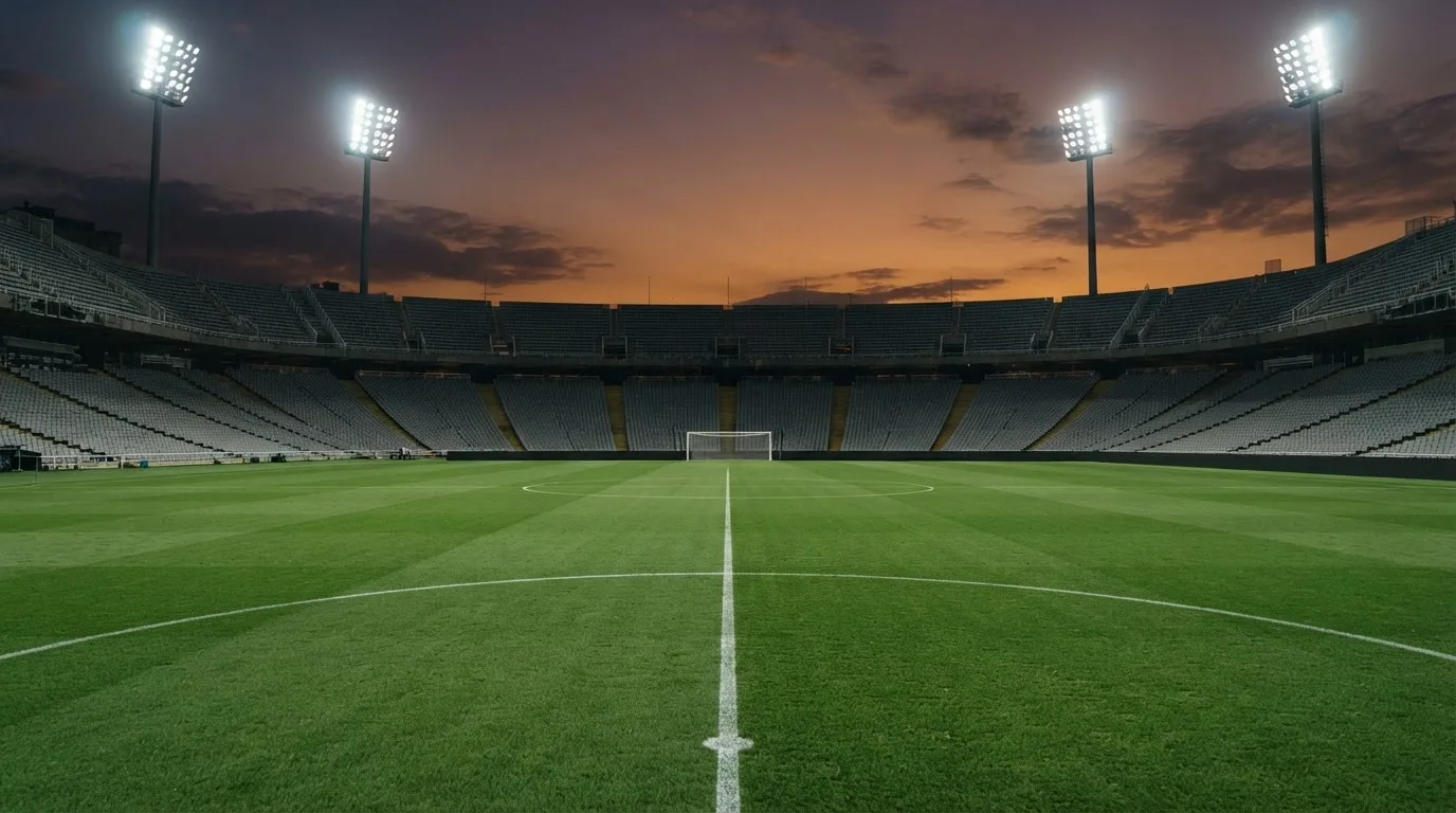 An empty football stadium with floodlight masts at dusk