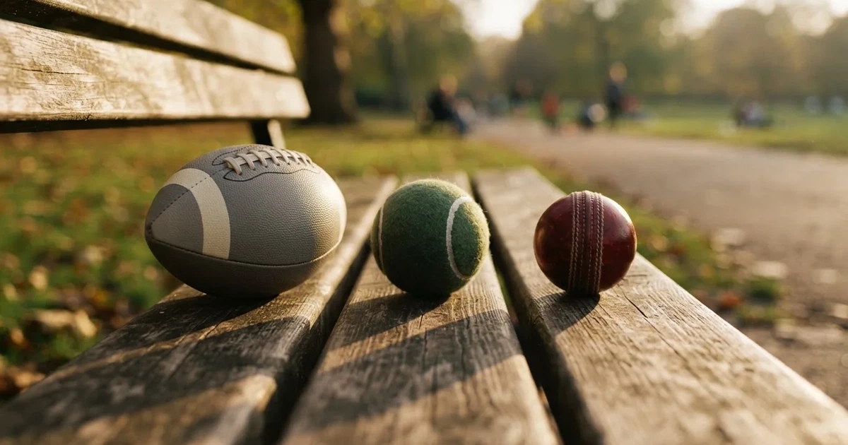 Three balls of different kinds side by side on a wooden bench