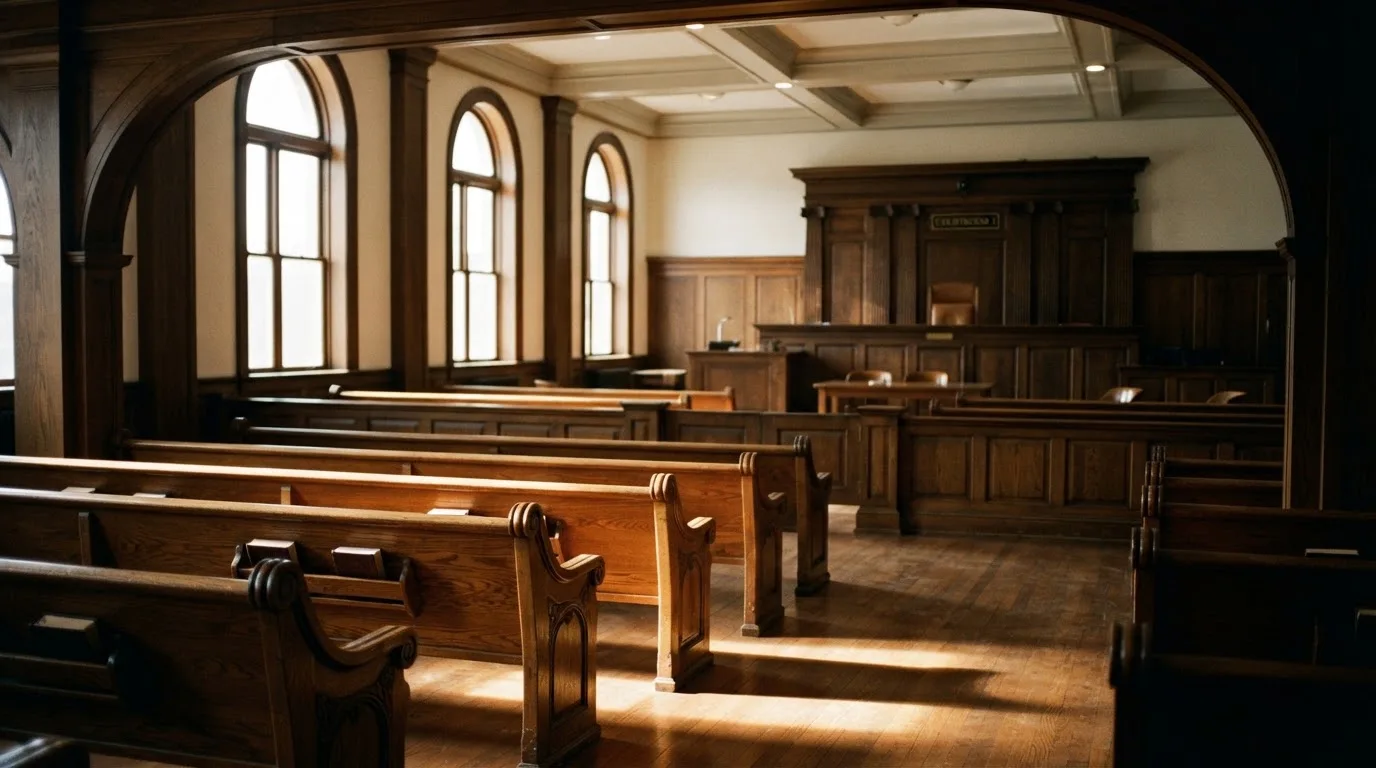 An empty courtroom with wooden benches in morning light