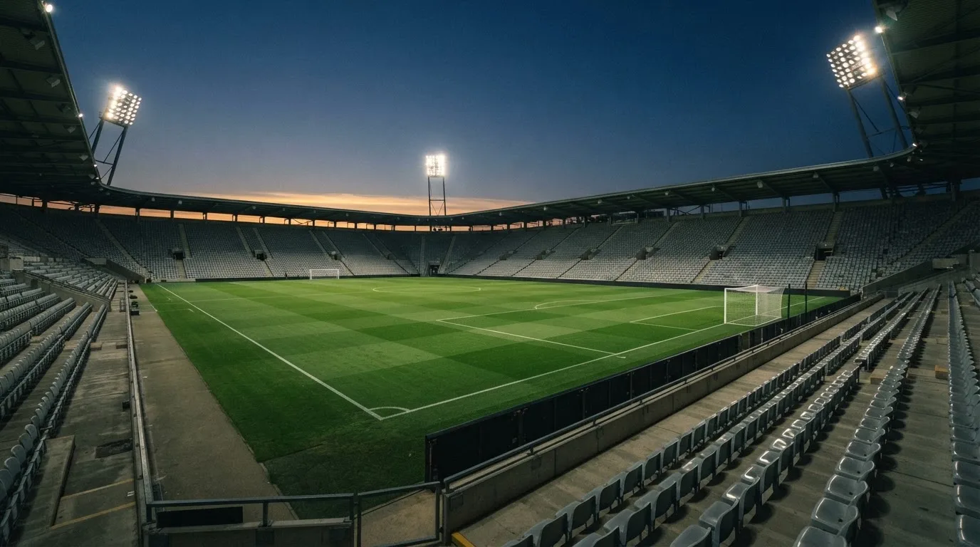 An empty football stadium with floodlight masts at dusk