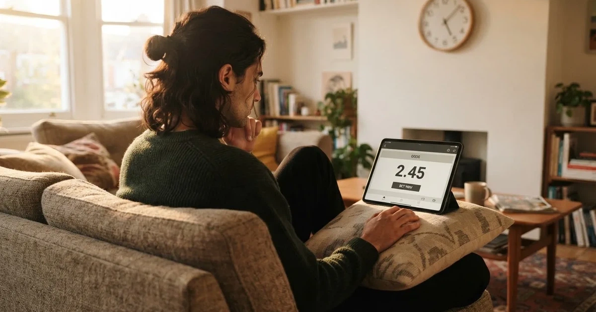 A person on a sofa looking thoughtfully at a tablet, a wall clock in the background