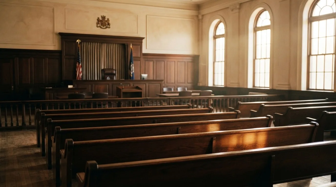 An empty courtroom with wooden benches in morning light