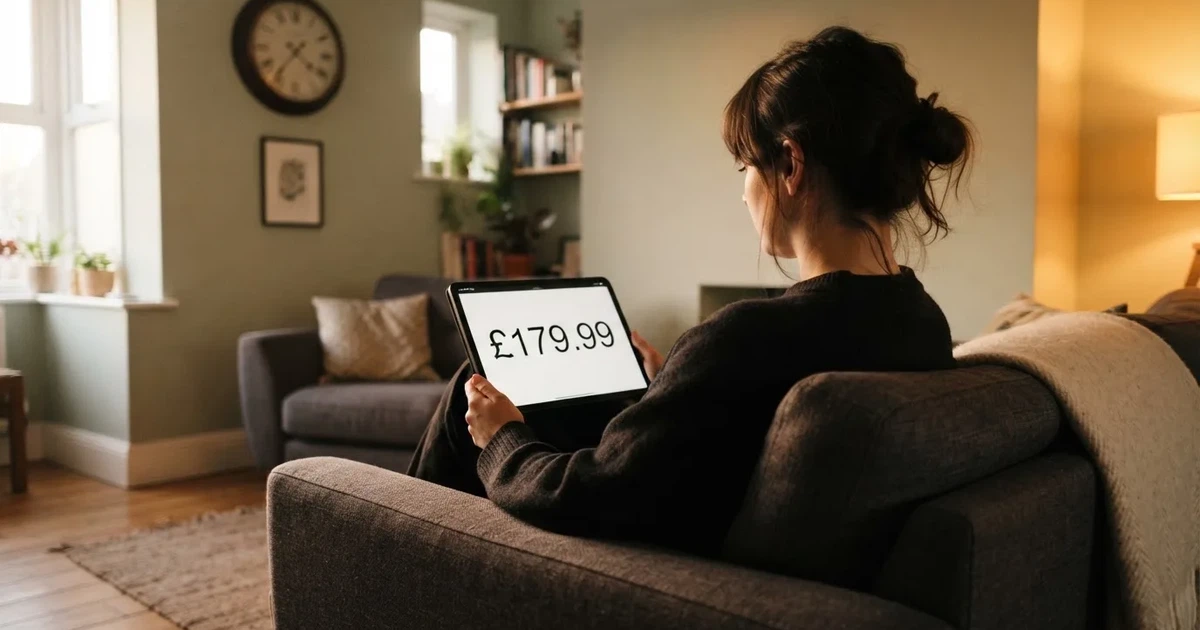 A person on a sofa looking thoughtfully at a tablet, a wall clock in the background