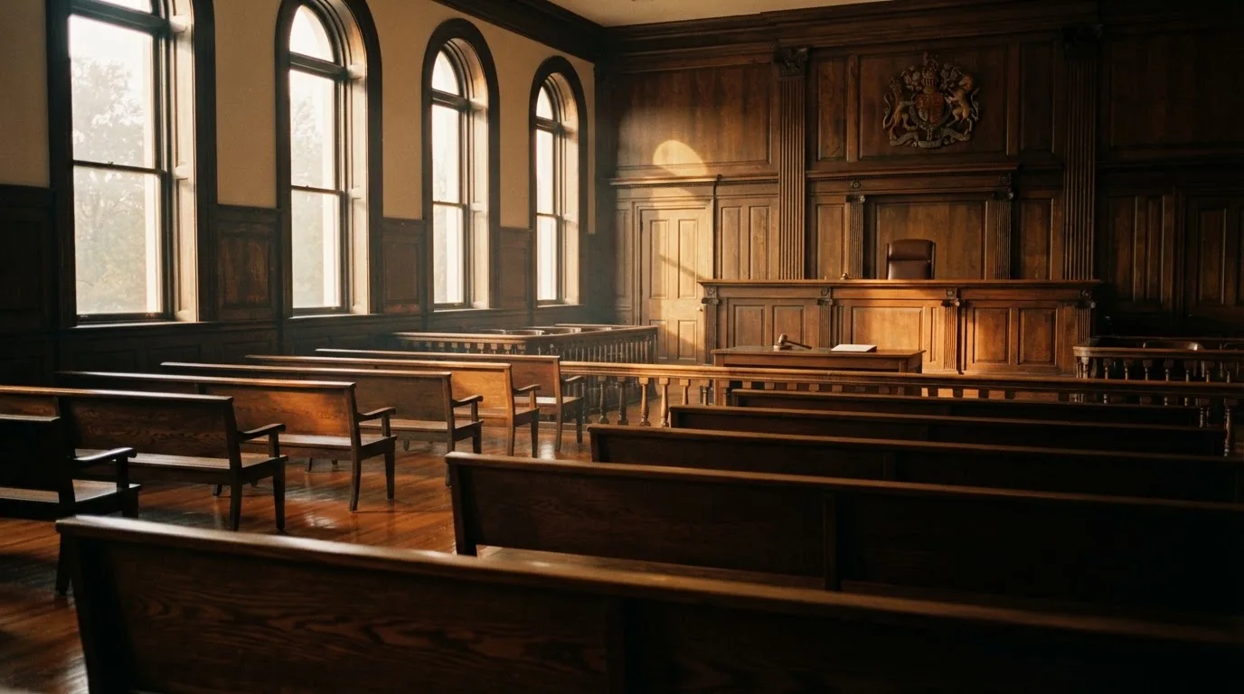An empty courtroom with wooden benches in morning light