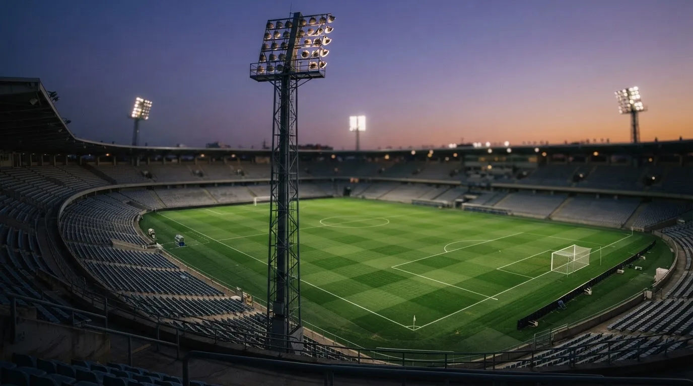 An empty football stadium with floodlight masts at dusk