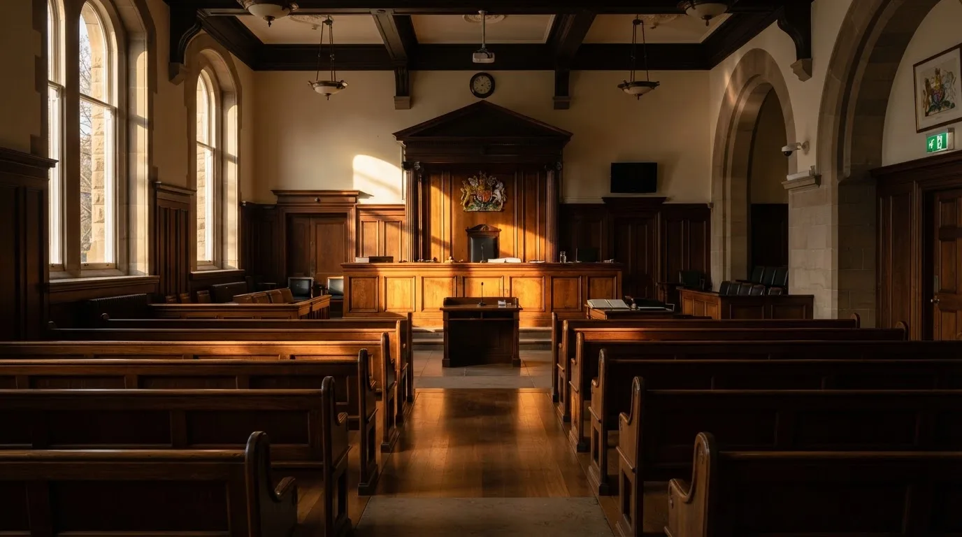An empty courtroom with wooden benches in morning light