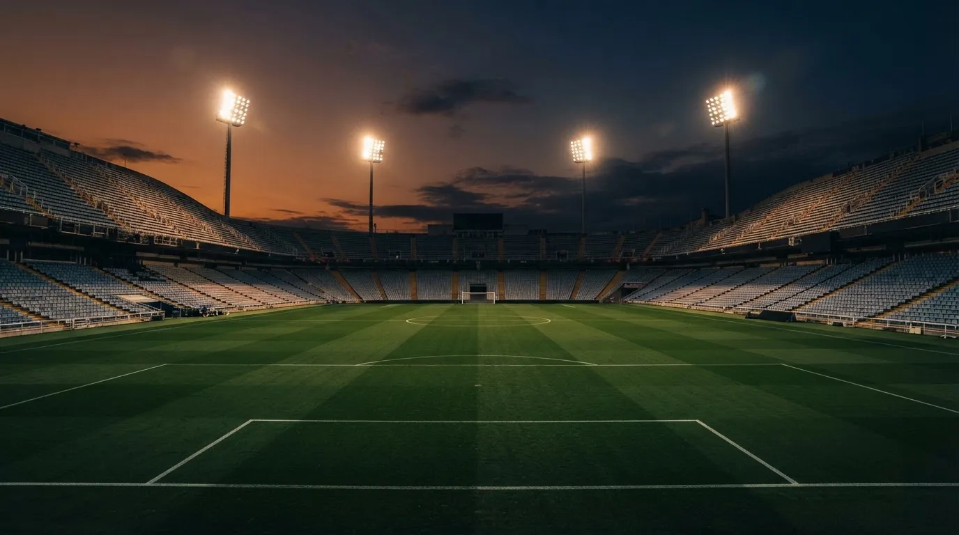 An empty football stadium with floodlight masts at dusk