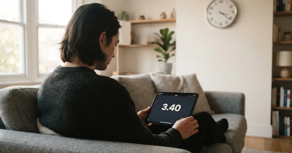 A person on a sofa looking thoughtfully at a tablet, a wall clock in the background