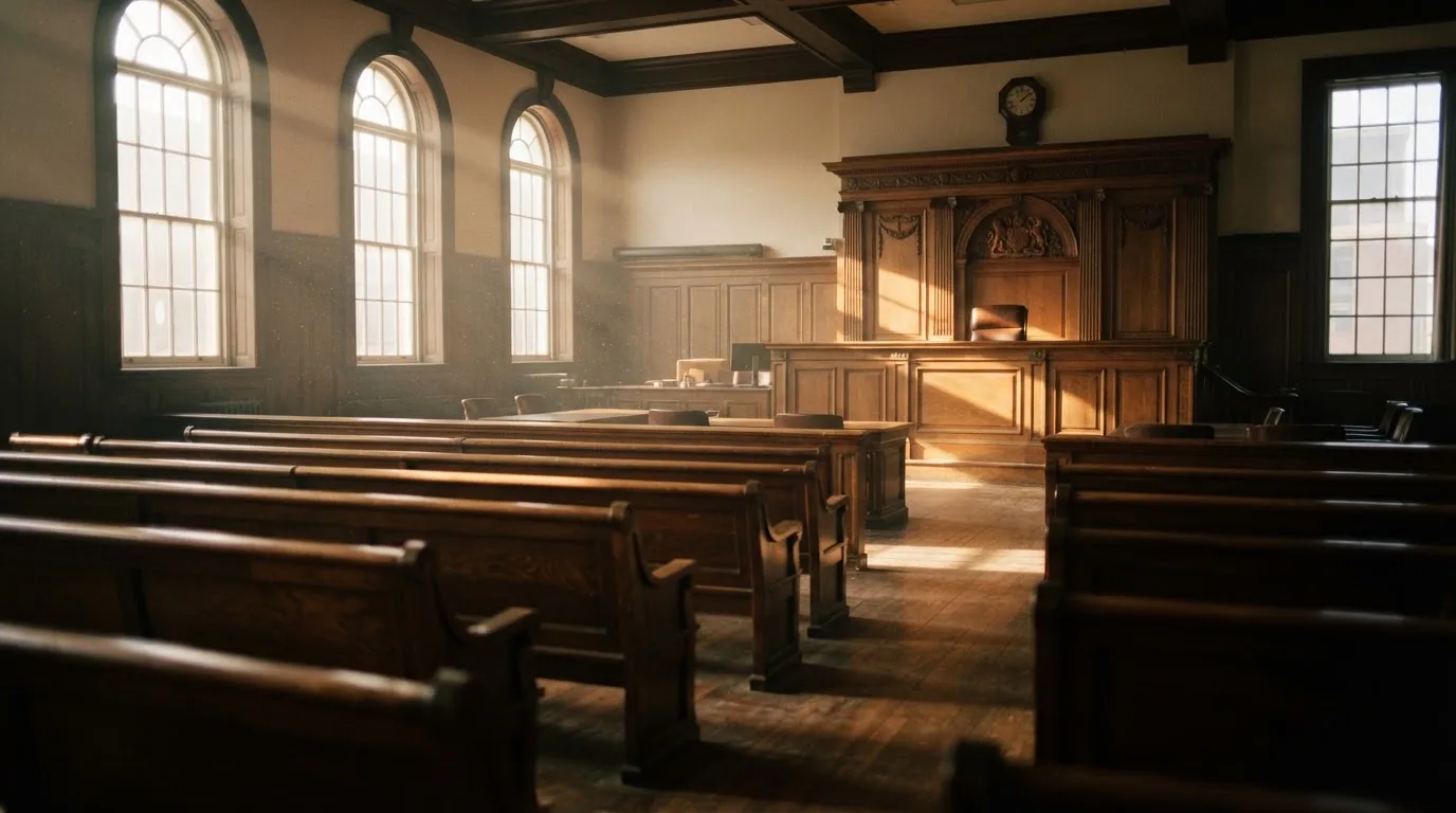 An empty courtroom with wooden benches in morning light