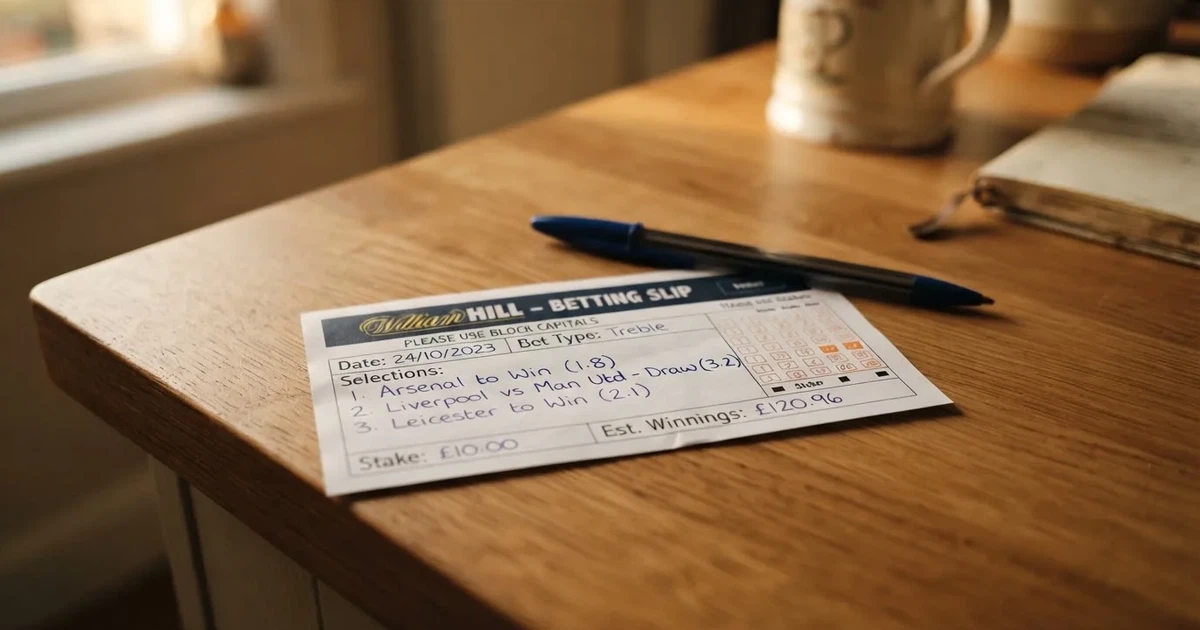 A blank paper betting slip beside a pen on a wooden counter