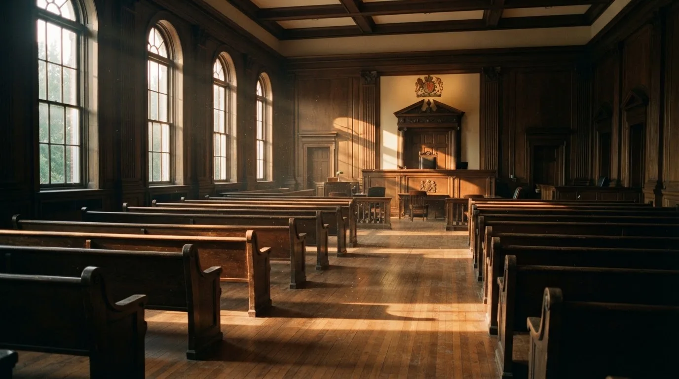 An empty courtroom with wooden benches in morning light