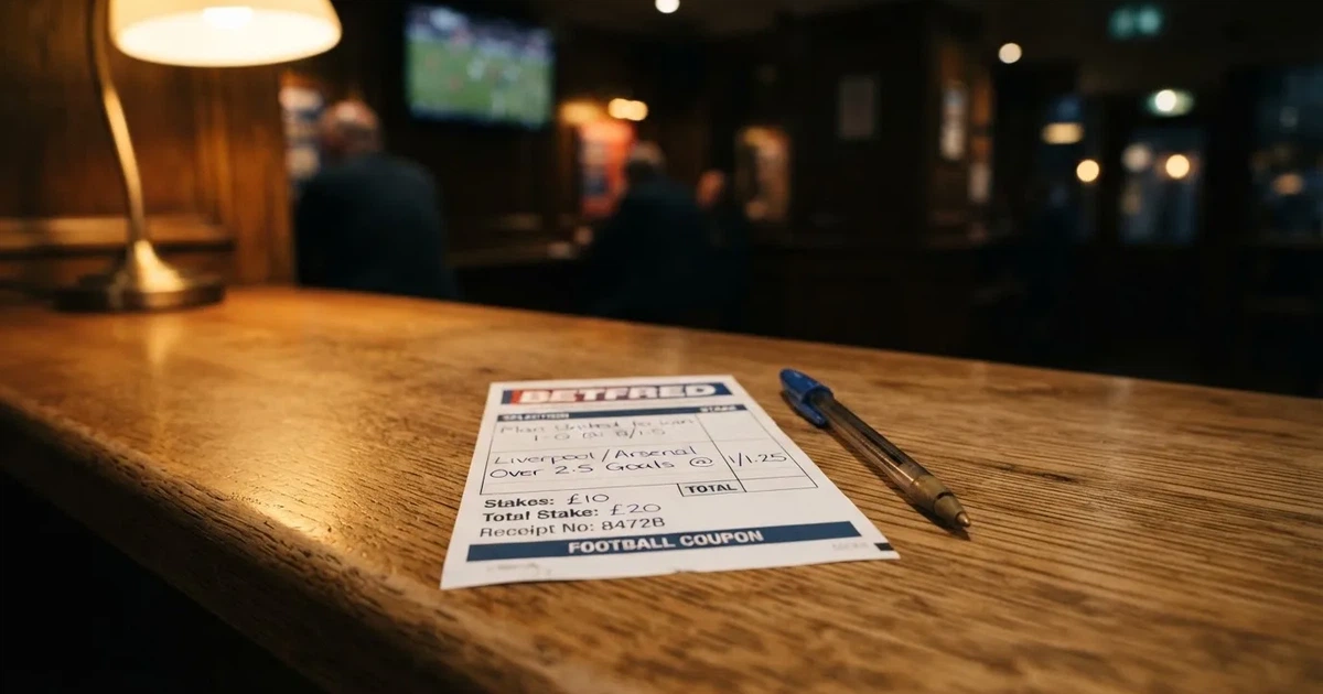 A blank paper betting slip beside a pen on a wooden counter