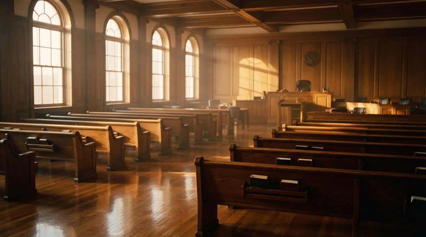 An empty courtroom with wooden benches in morning light