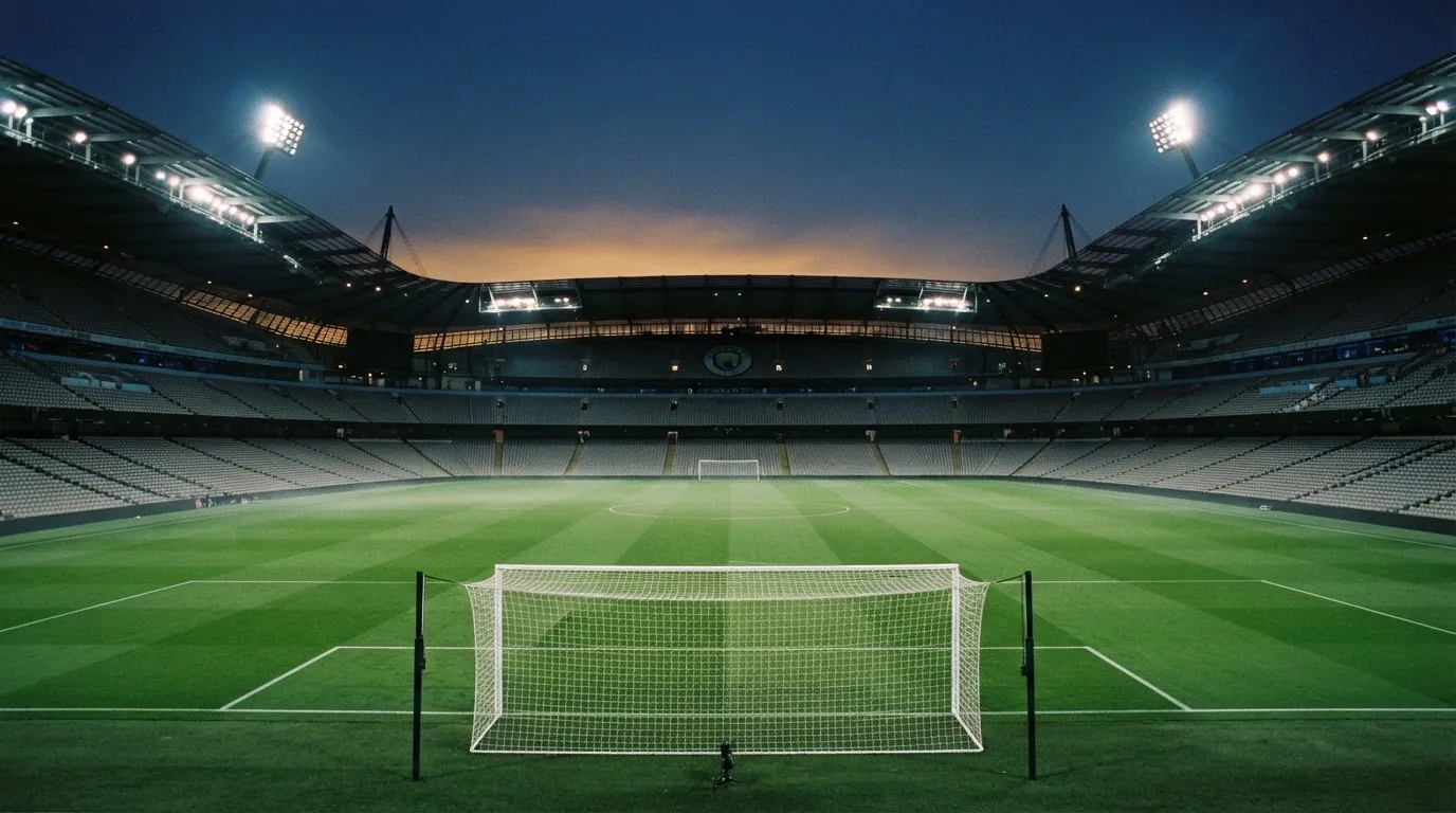 An empty football stadium with floodlight masts at dusk