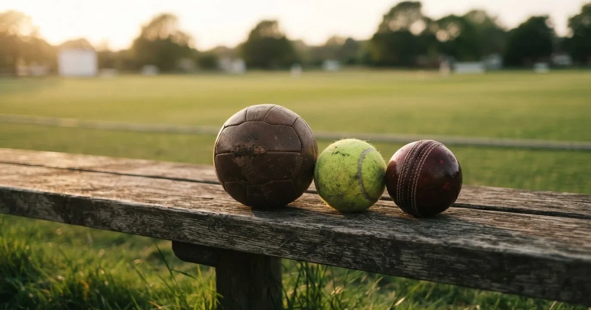 Three balls of different kinds side by side on a wooden bench