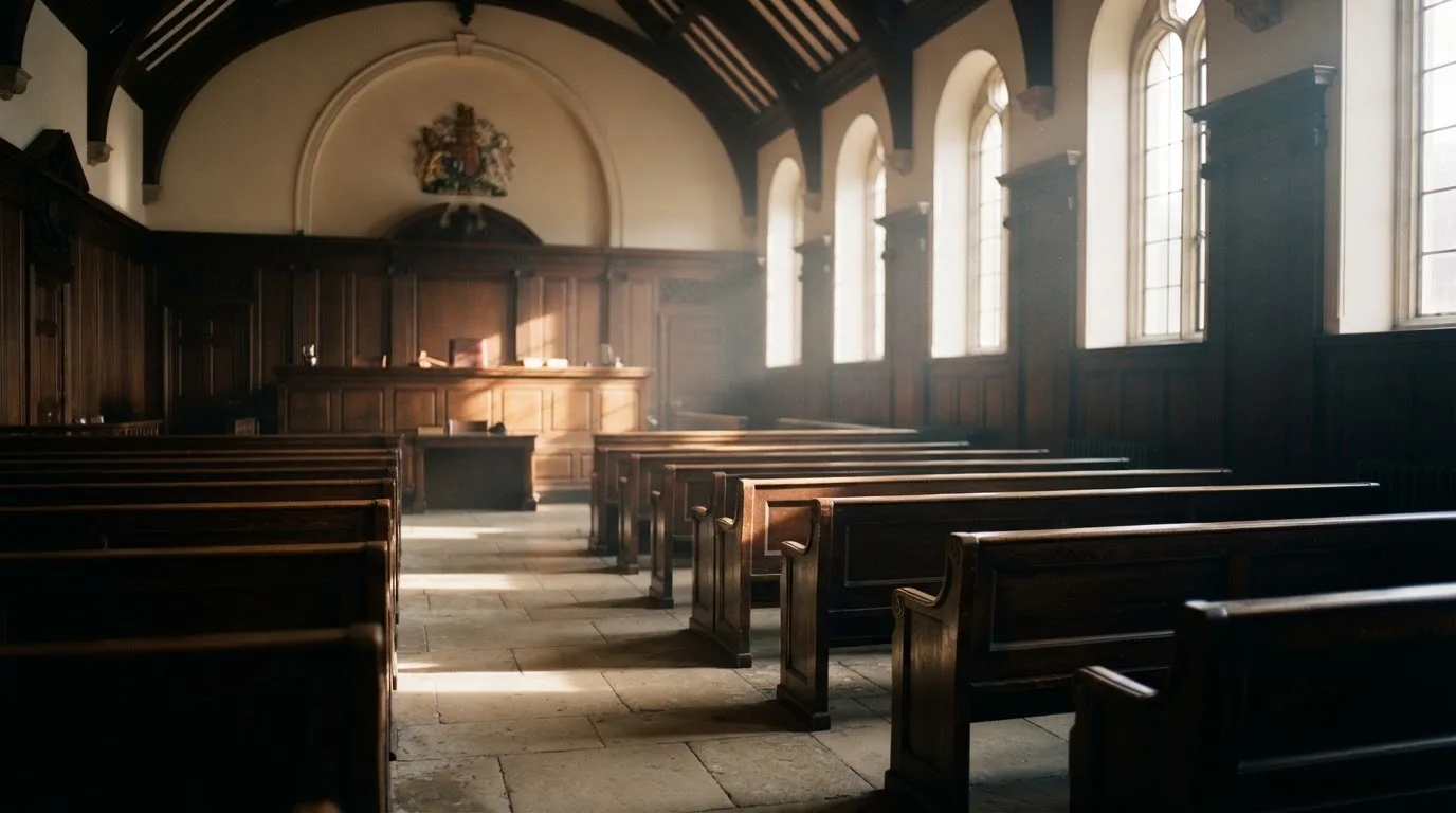 An empty courtroom with wooden benches in morning light