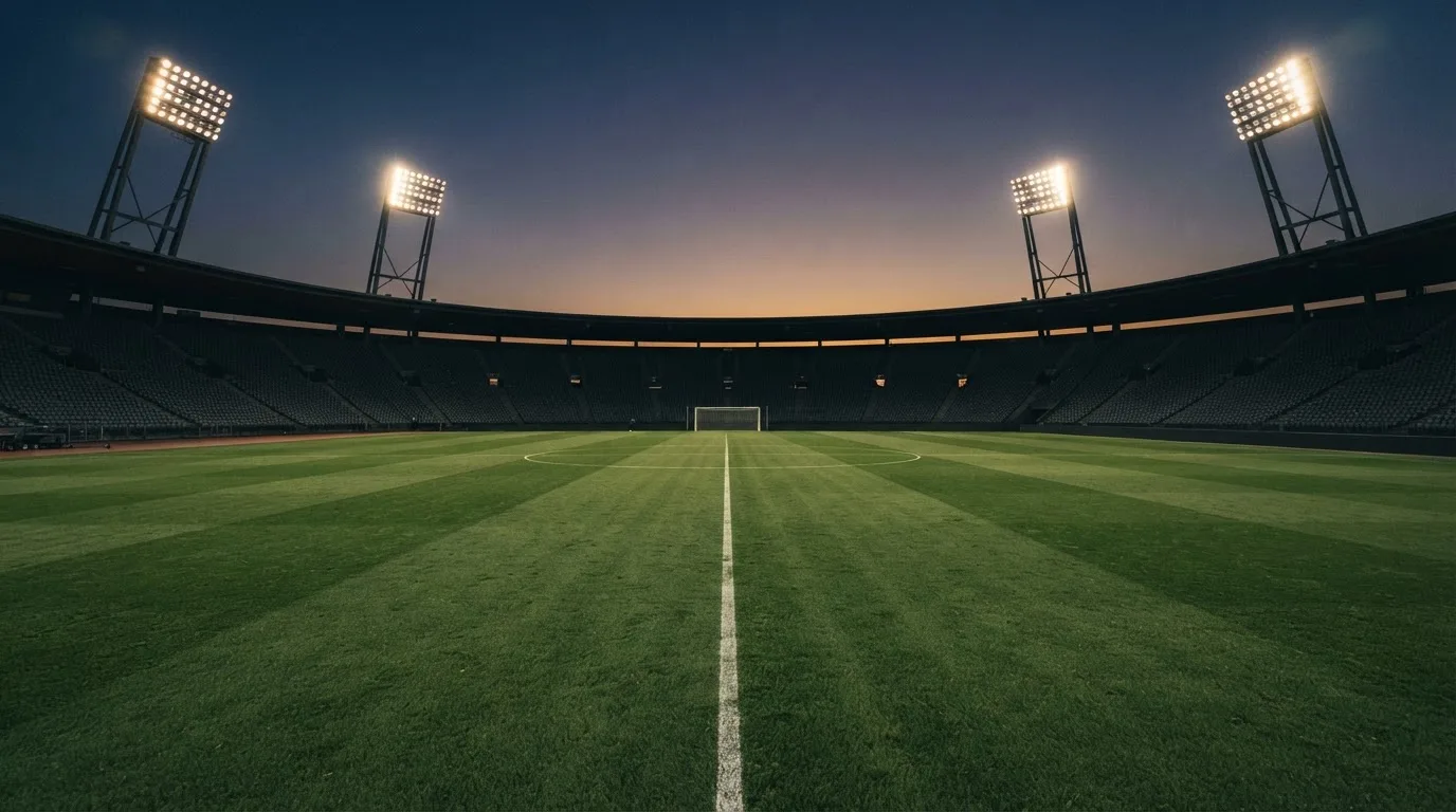 An empty football stadium with floodlight masts at dusk