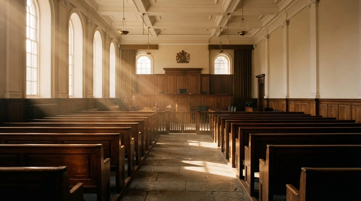An empty courtroom with wooden benches in morning light