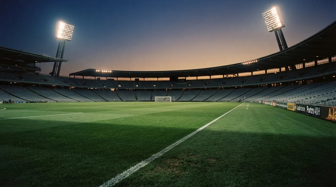 An empty football stadium with floodlight masts at dusk