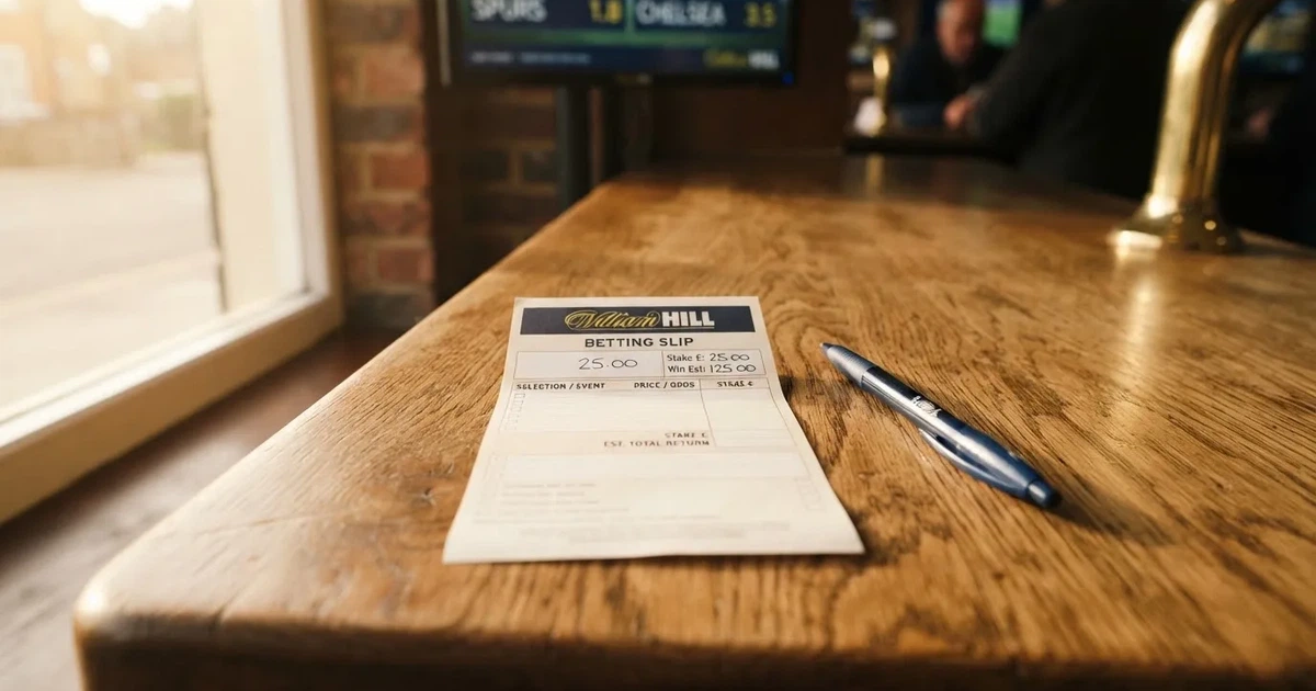 A blank paper betting slip beside a pen on a wooden counter