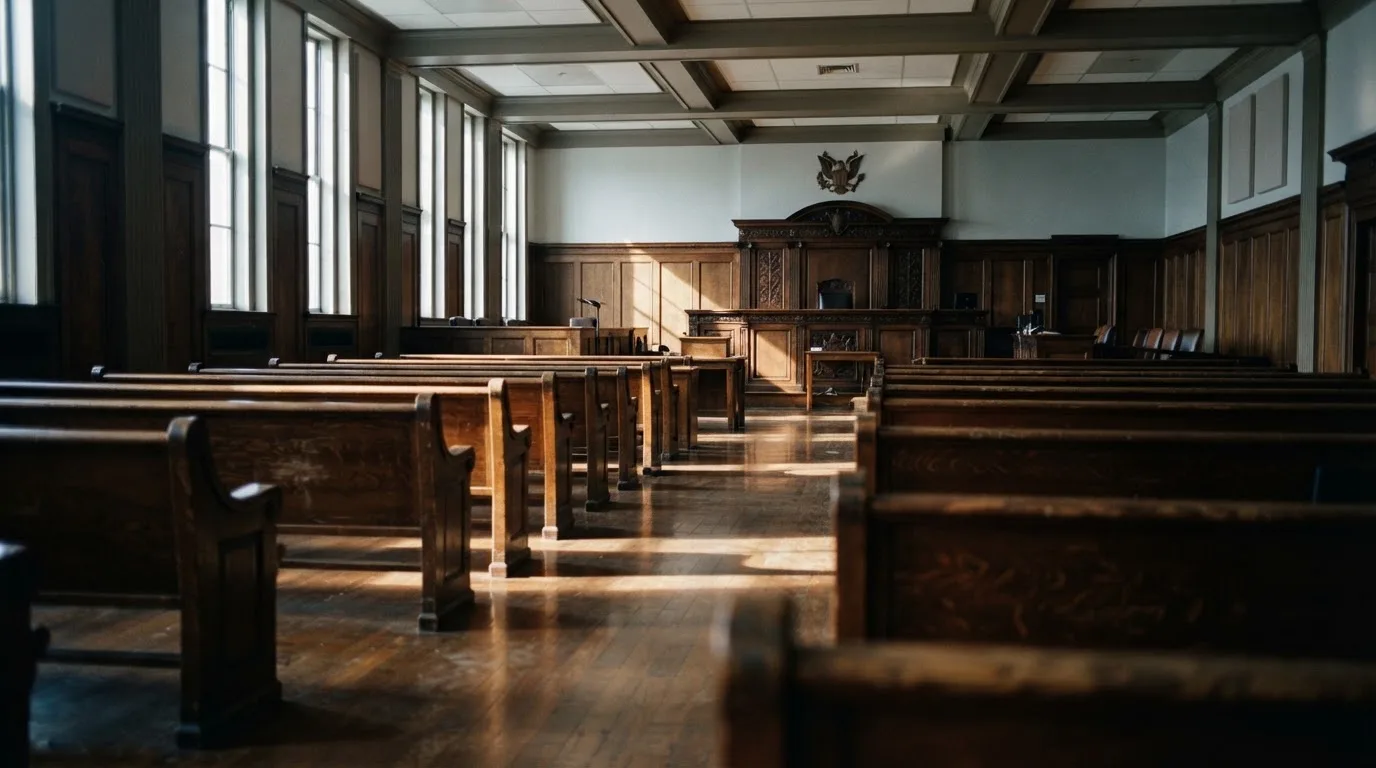 An empty courtroom with wooden benches in morning light
