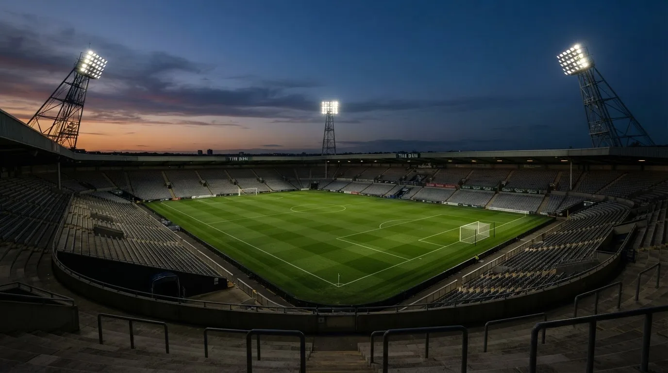 An empty football stadium with floodlight masts at dusk