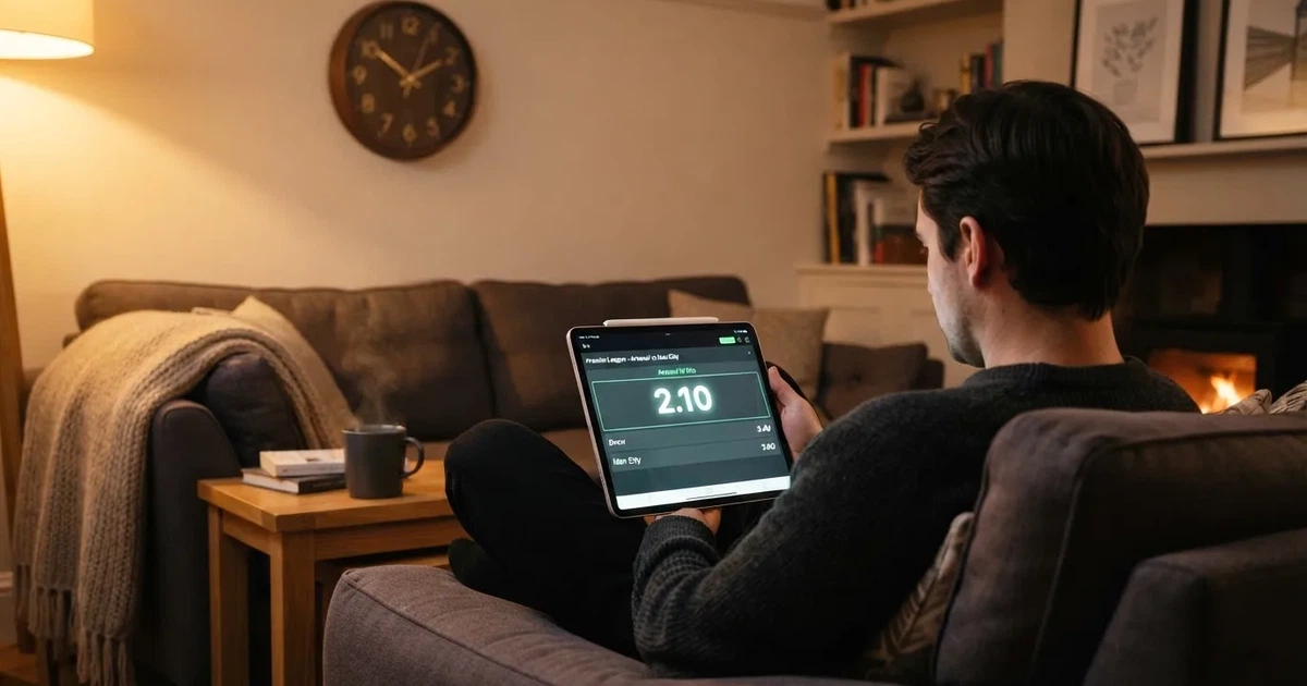 A person on a sofa looking thoughtfully at a tablet, a wall clock in the background