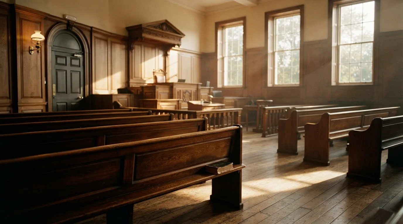 An empty courtroom with wooden benches in morning light