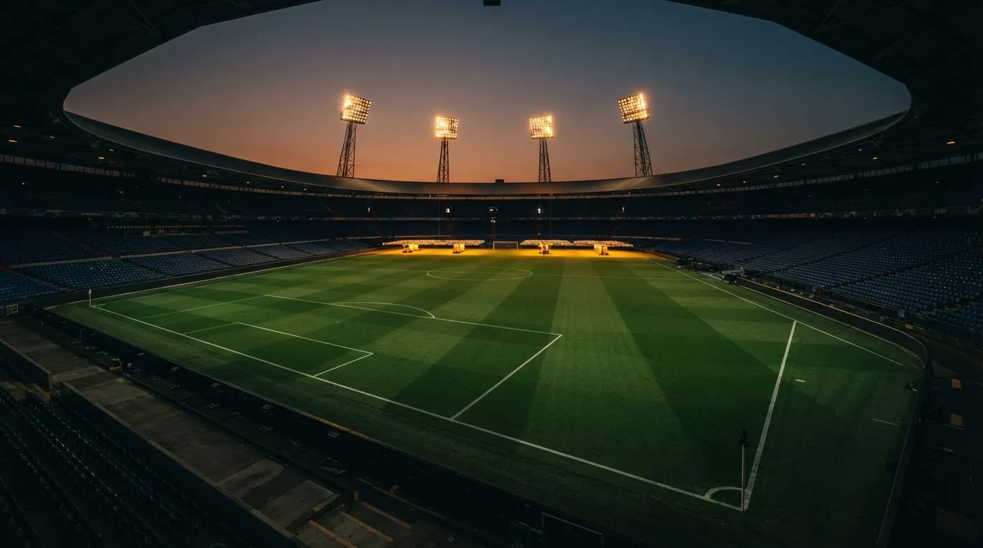 An empty football stadium with floodlight masts at dusk