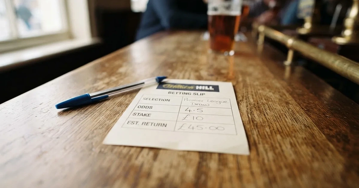 A blank paper betting slip beside a pen on a wooden counter