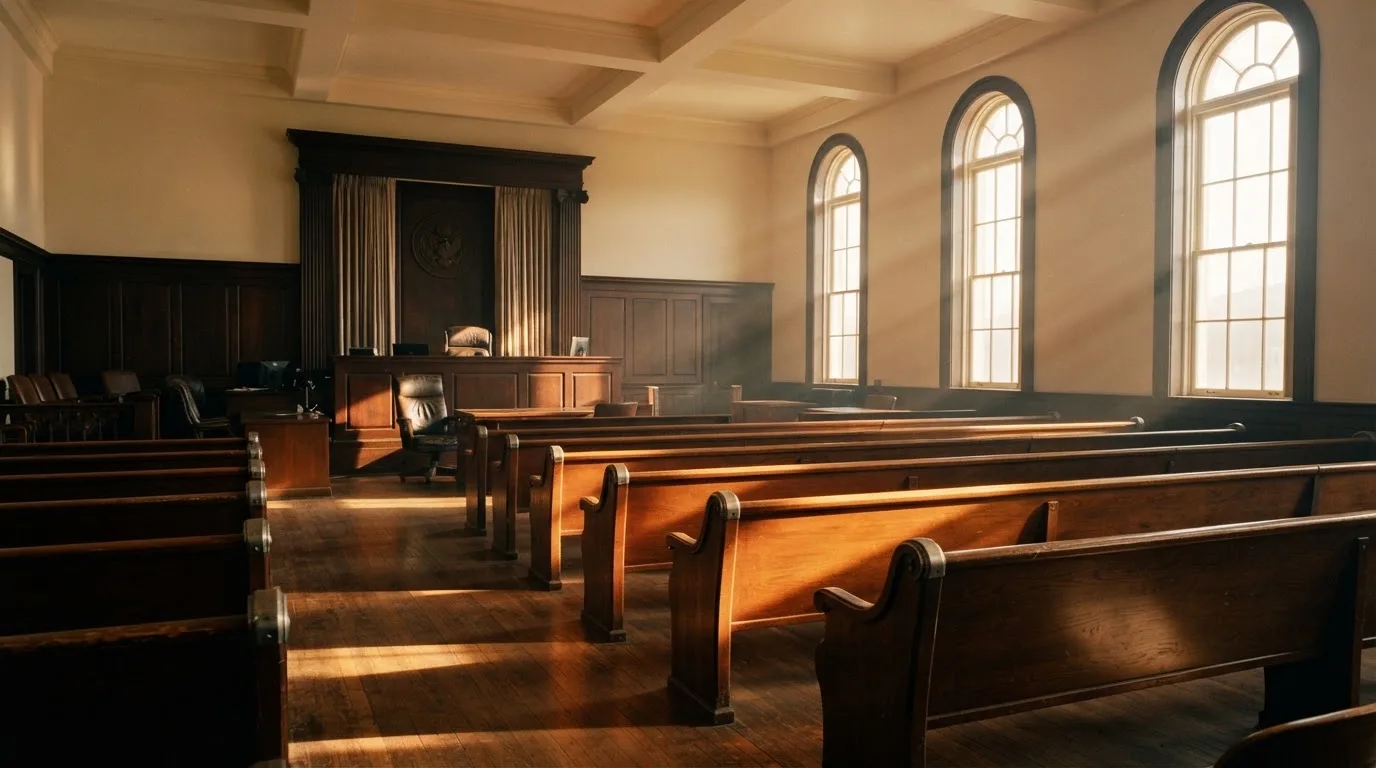 An empty courtroom with wooden benches in morning light
