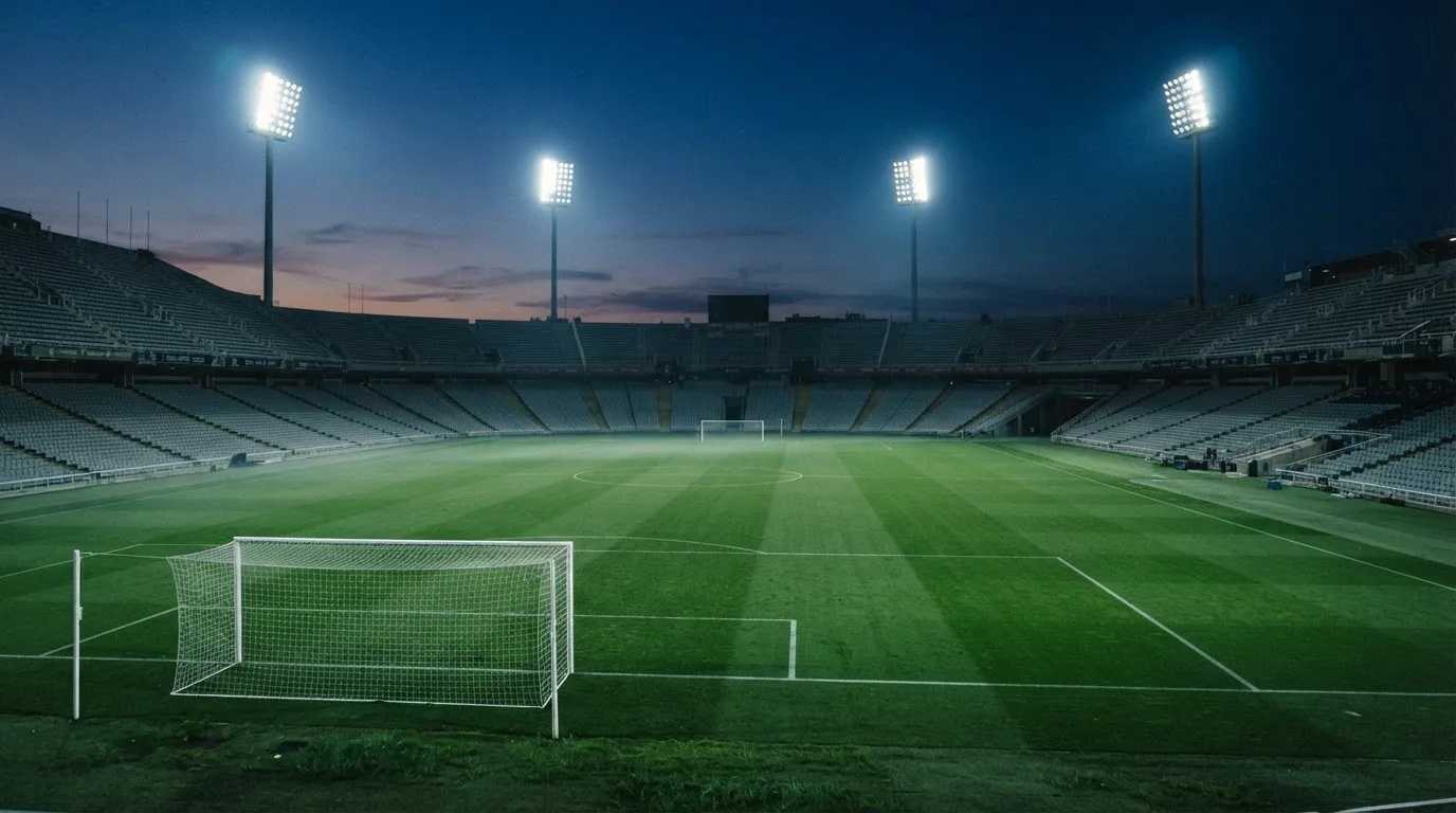 An empty football stadium with floodlight masts at dusk