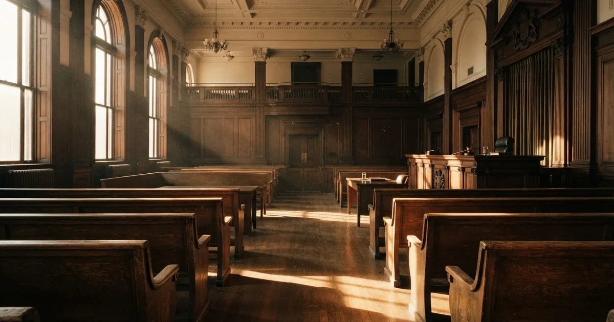 An empty courtroom with wooden benches in morning light