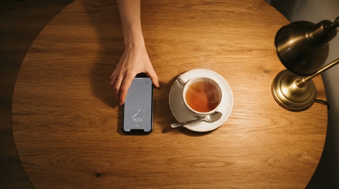 A hand setting a smartphone down beside a cup of tea on a kitchen table on a quiet evening