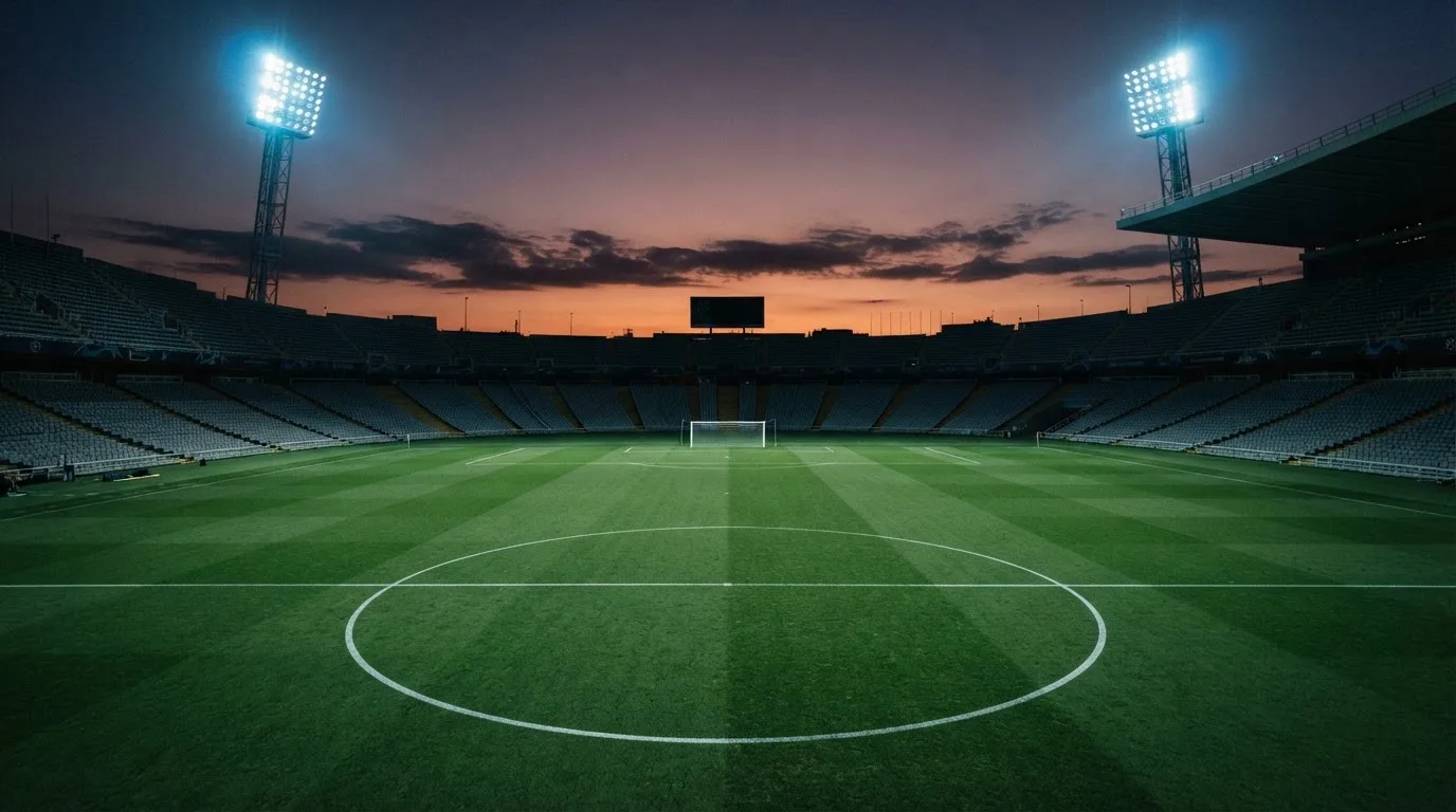 An empty football stadium with floodlight masts at dusk