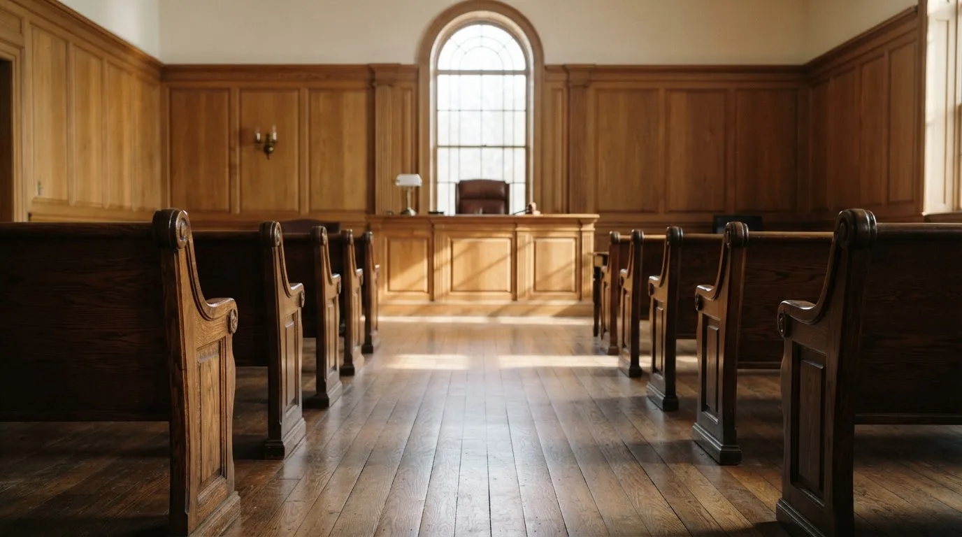 An empty courtroom with wooden benches in morning light