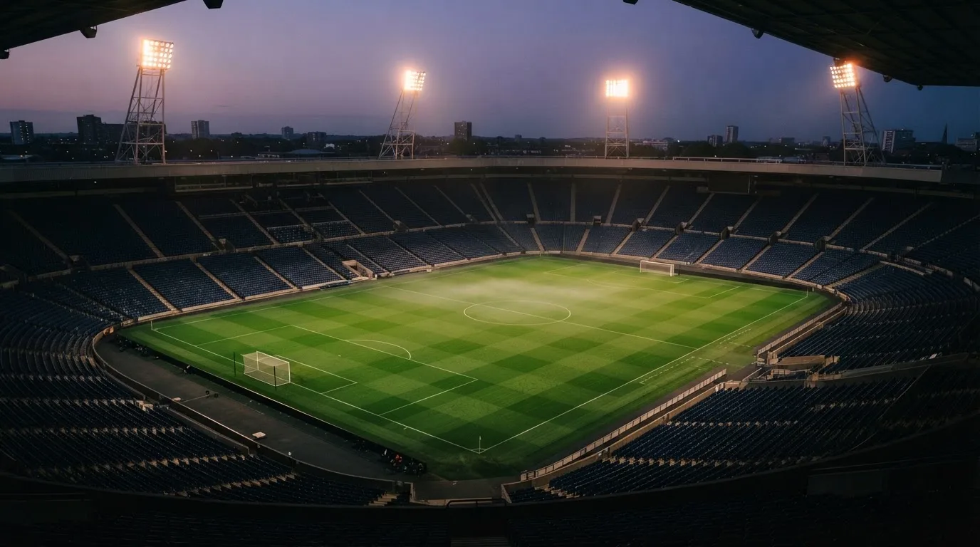 An empty football stadium with floodlight masts at dusk