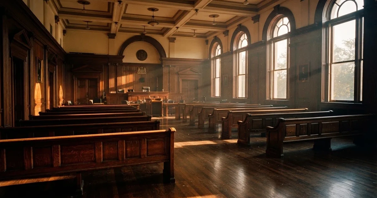 An empty courtroom with wooden benches in morning light