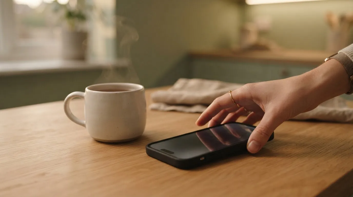 A hand setting a smartphone down beside a cup of tea on a kitchen table on a quiet evening